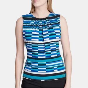 Calvin Klein pleated blue and green geometric print top size large